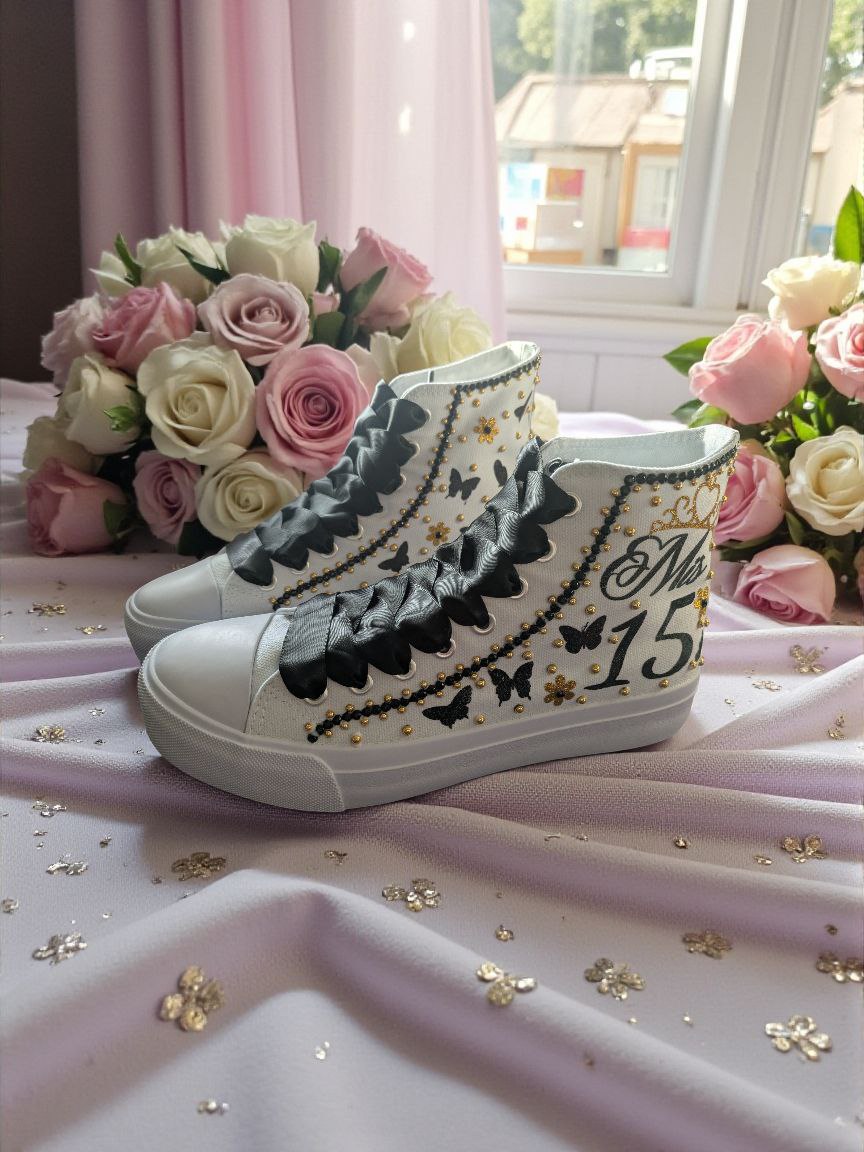 Gold Quinceañera Sneakers – Custom XV Birthday Shoes with Rhinestones