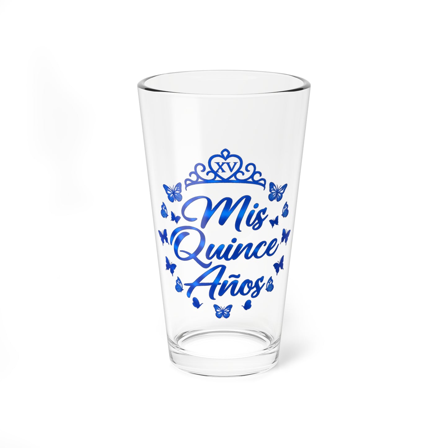 Mis XV Años Blue Butterfly Mandala Floral 16oz Mixing Glass