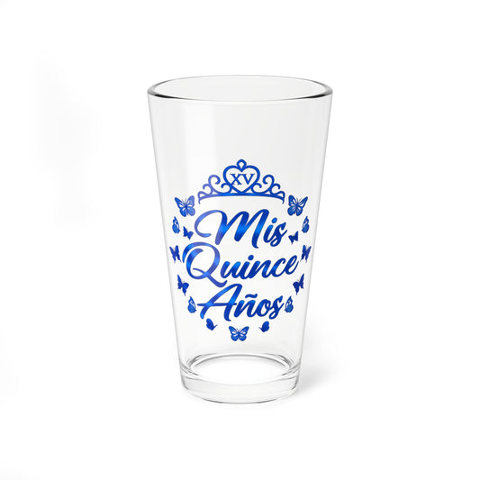 Mis XV Años Blue Butterfly Mandala Floral 16oz Mixing Glass