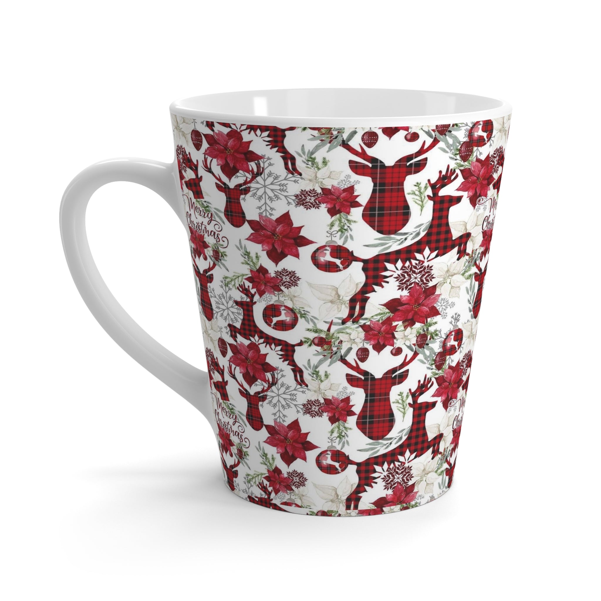 Plaid Reindeer Poinsettia Latte Mug | Christmas Holiday Pattern