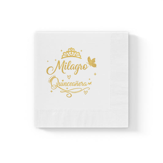 Milagro Quinceañera Napkins | White Coined Paper Napkins