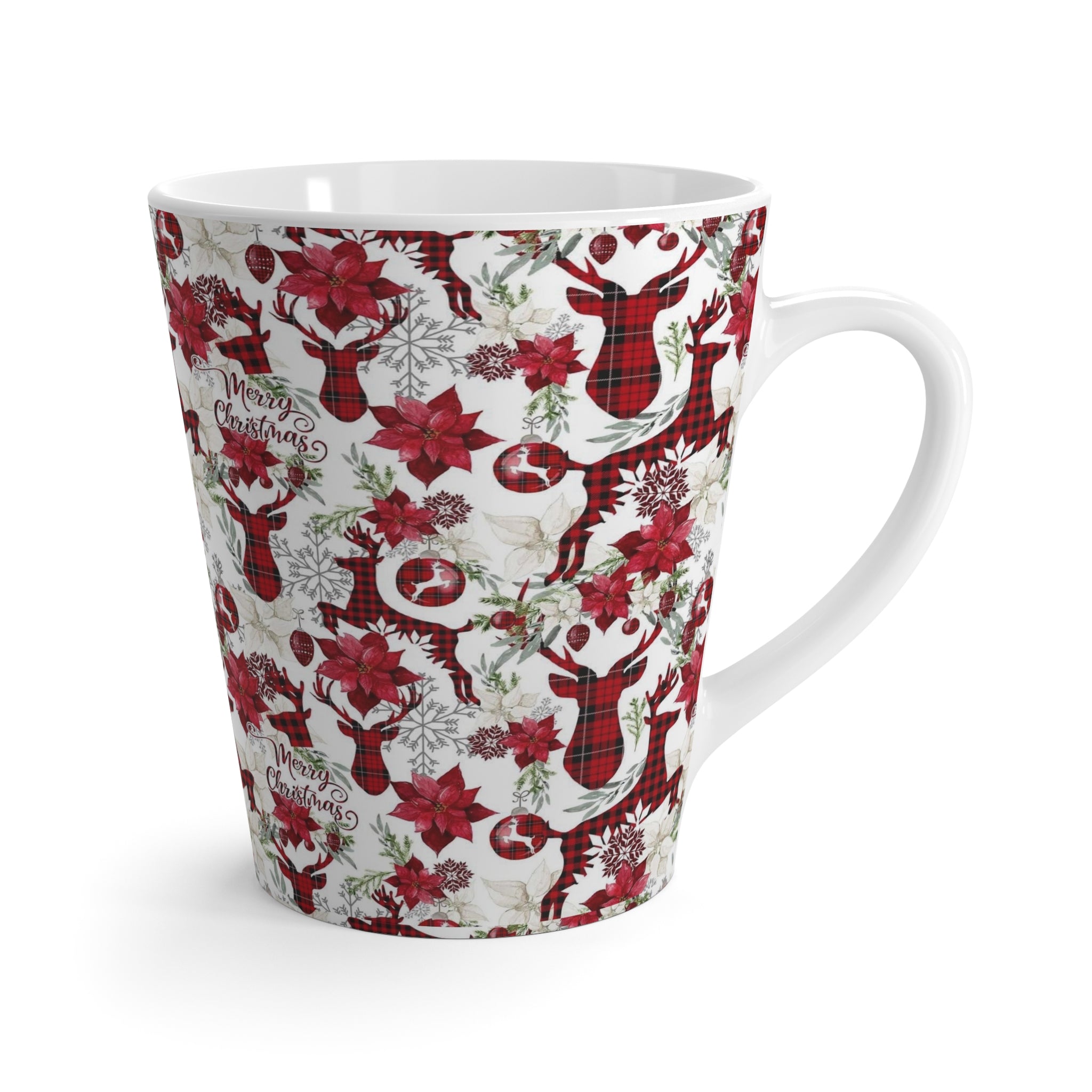 Plaid Reindeer Poinsettia Latte Mug | Christmas Holiday Pattern
