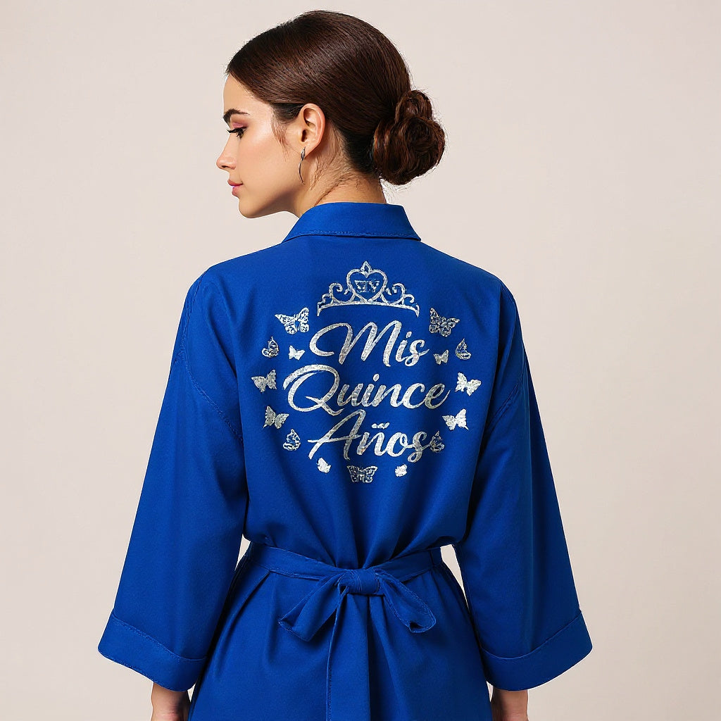 Glitter Satin Robe with Crown or Butterfly Symbol for Quinceañera, or Mama de Quinceañera, Mis Quince Años, Batas de XV, 15th Birthday Gift Custom