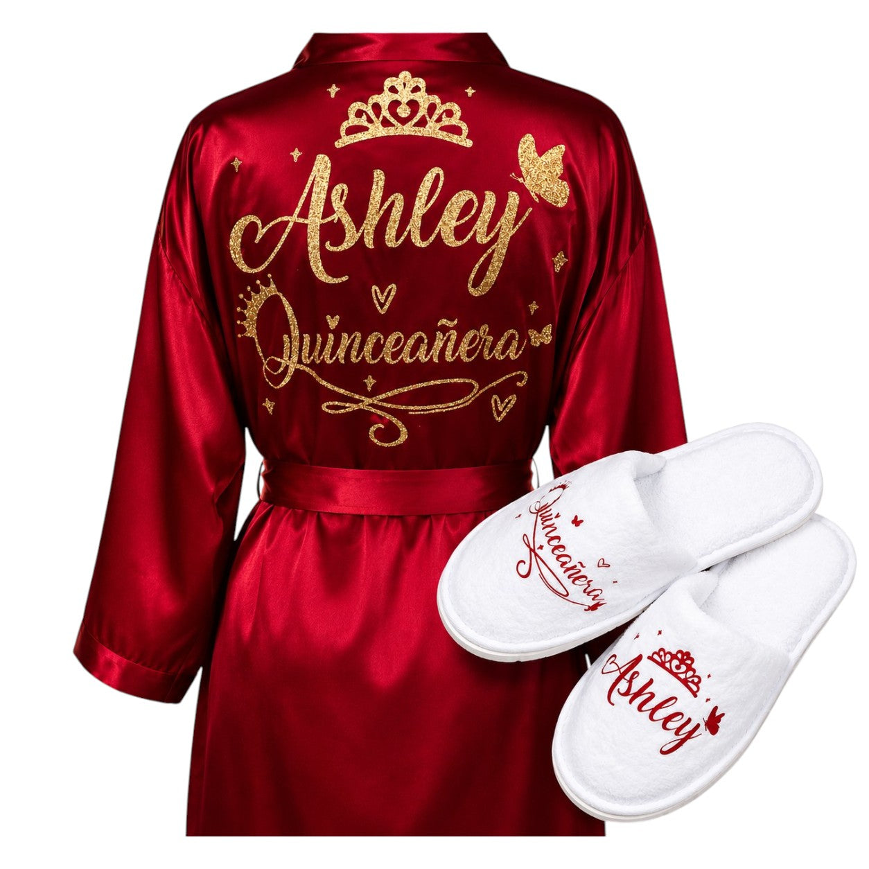 Personalized Quinceañera Satin Robe & Slippers Set | Custom Name | Sweet 15 Gift | Bridal Party Robe
