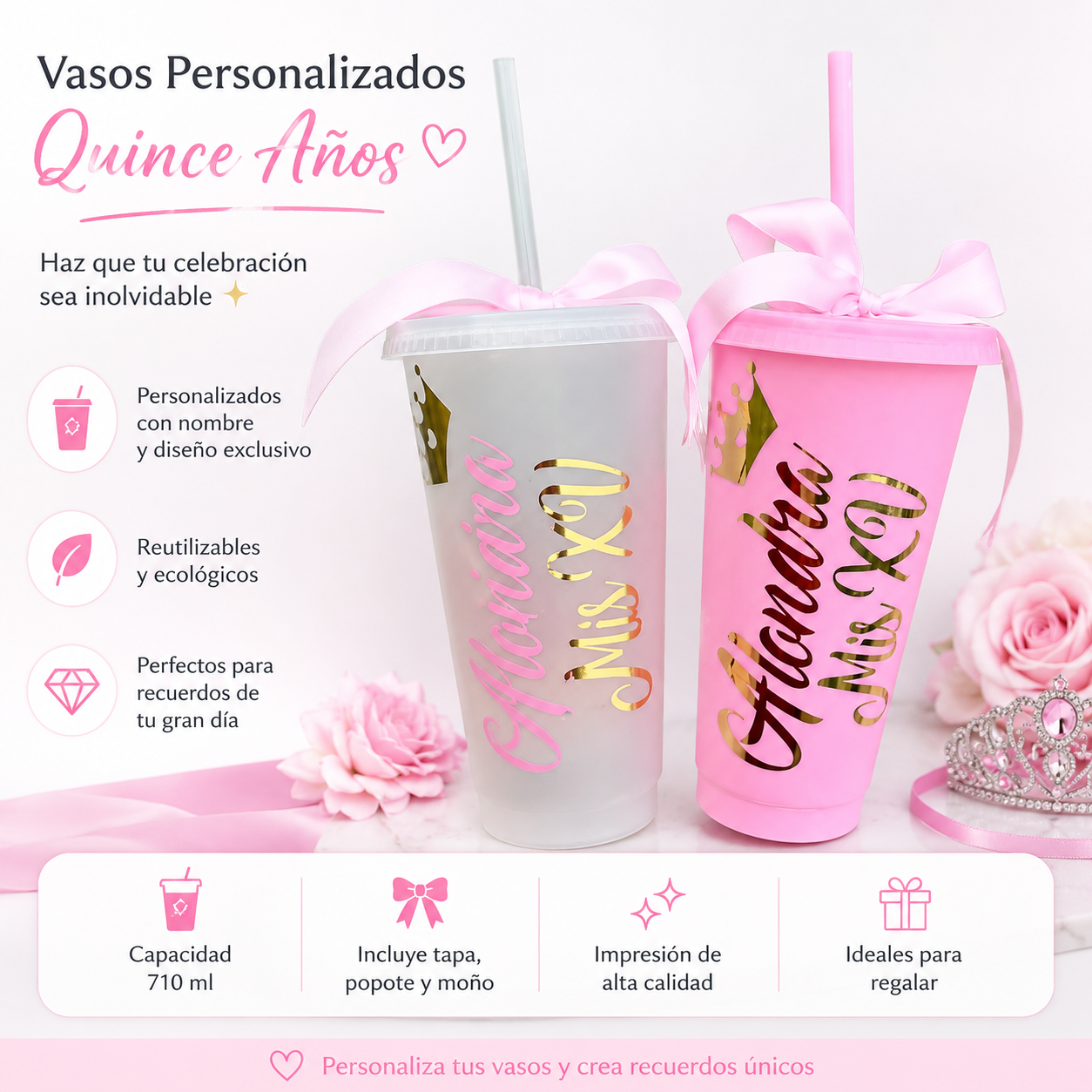 Personalized Quinceañera Cups with Name – Reusable Tumblers with Lid & Straw – Custom Mis Quince Party Favors