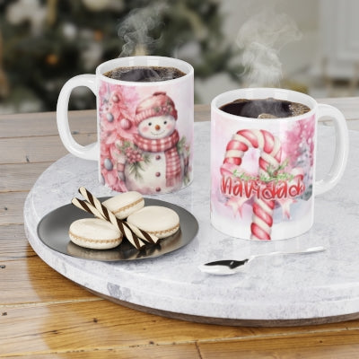 Pink Snowman Candy Cane Tree Mug | Christmas Ceramic Mug