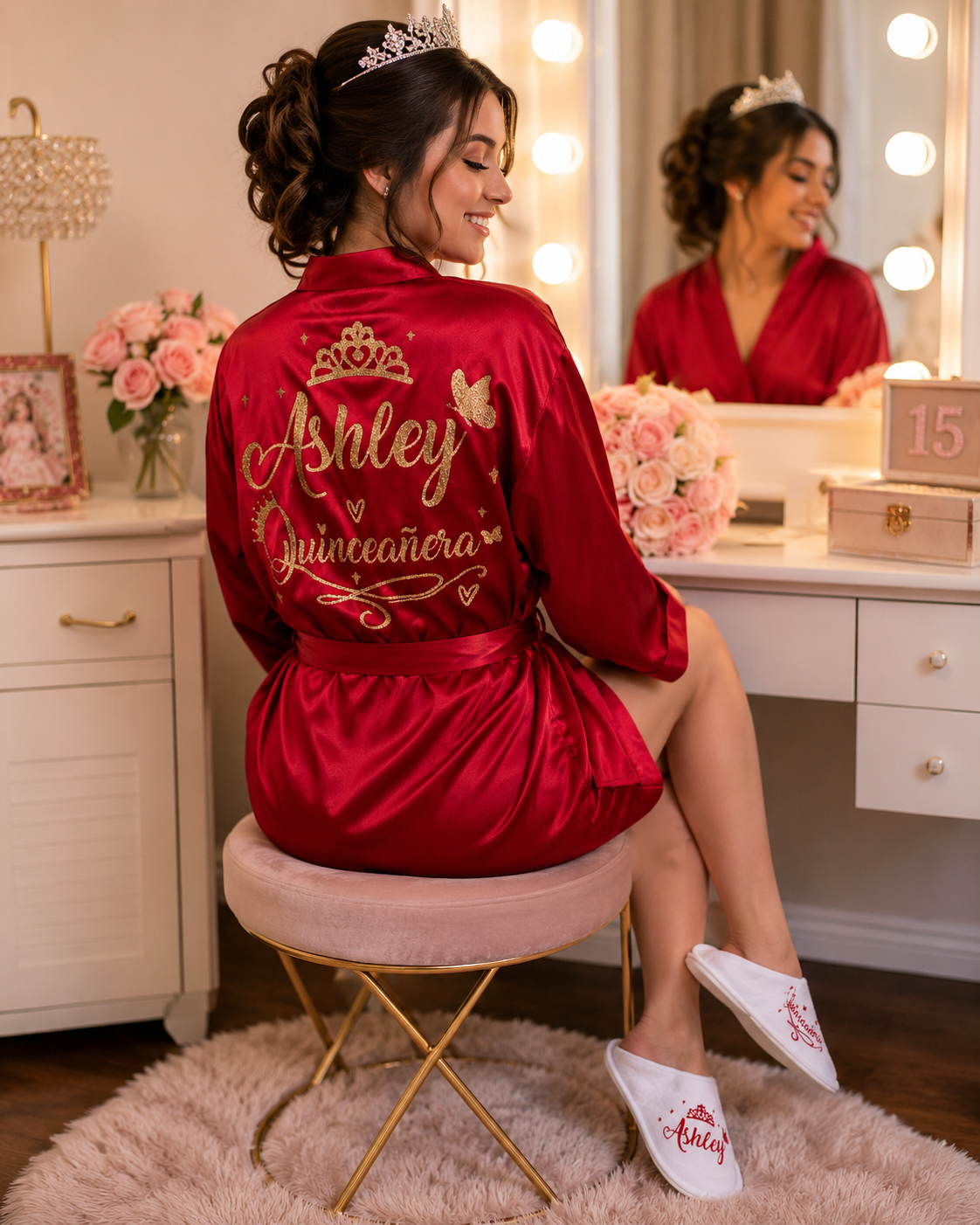 Personalized Quinceañera Satin Robe & Slippers Set | Custom Name | Sweet 15 Gift | Bridal Party Robe